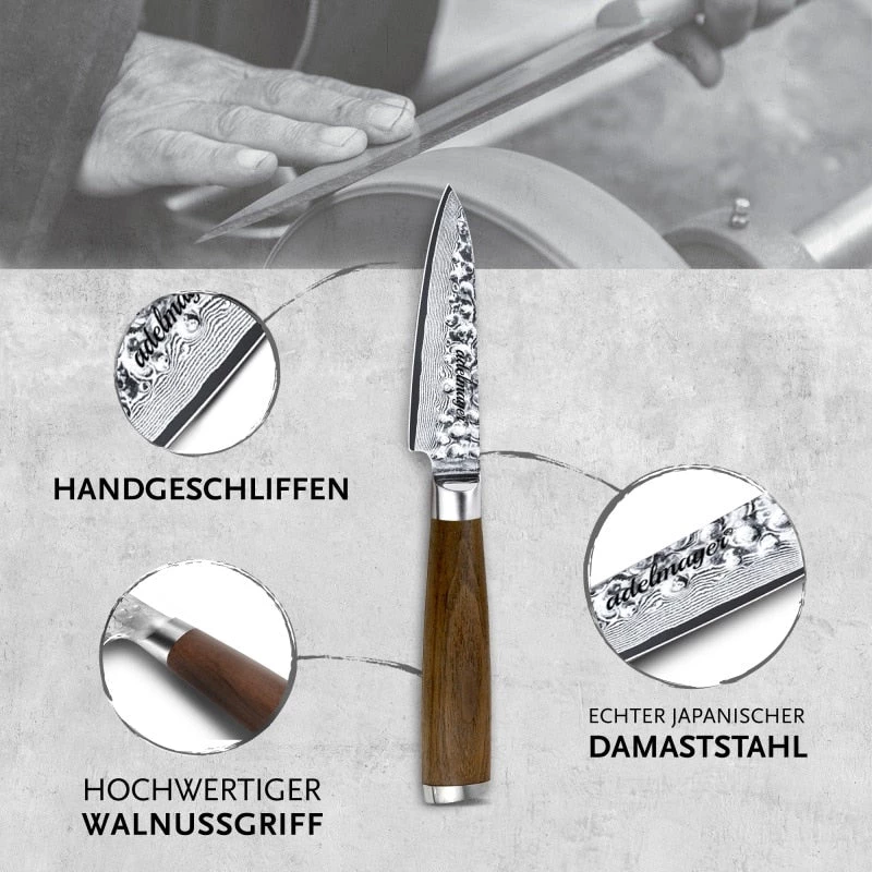 Adelmayer® Damastmesser Schälmesser 9,3 Cm Handgeschliffen Und Mit Walnussgriff 6 Adelmayer® Damastmesser Schälmesser 9,3 Cm Handgeschliffen Und Mit Walnussgriff