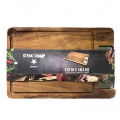 Steak Champ Premium Servierbrett Mit Sauciere, Essbrett Aus Akazie Mit Edelstahl Sauciere & Saftrille, 42 Cm X 27 Cm